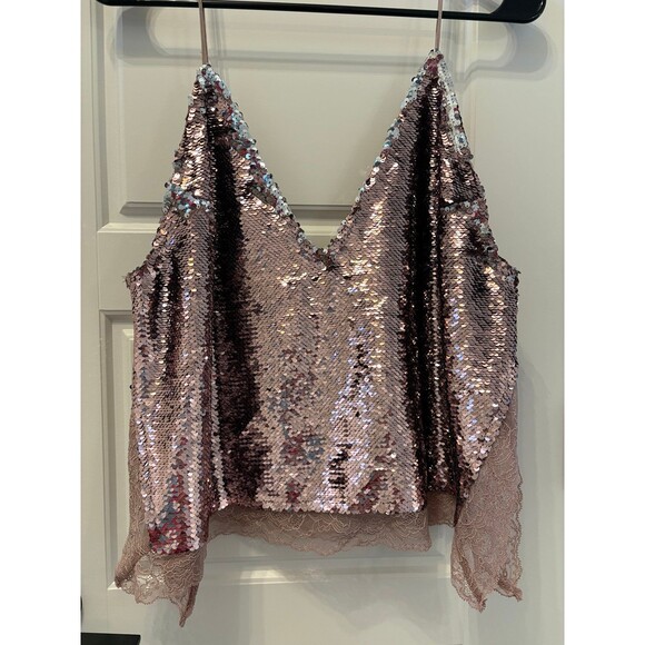 Intimately Free People Pink Sequin and Lace Spaghetti Strap Tank Size Small - Picture 2 of 6